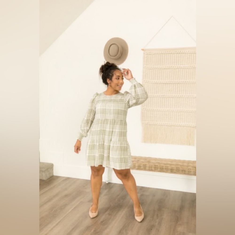 By The River, Anthropology Brand Gingham Sage Green White Dress View 2